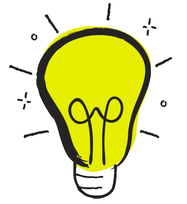 Yellow lightbulb with black outline and filament, glowing with radiating lines.