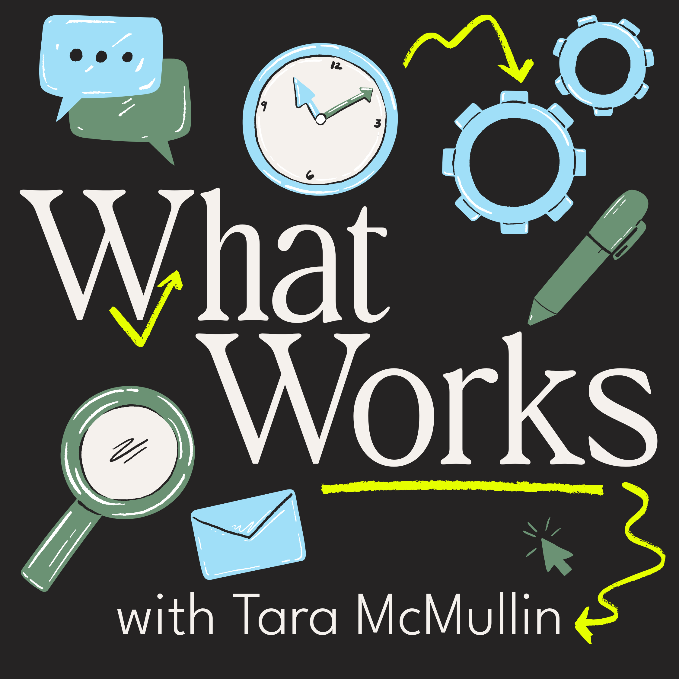 Stylized graphic design with speech bubbles, a clock, gears, a pen, a magnifying glass, a mail icon, a cursor, and arrows surrounding the title 'What Works with Tara McMullin' on a black background.