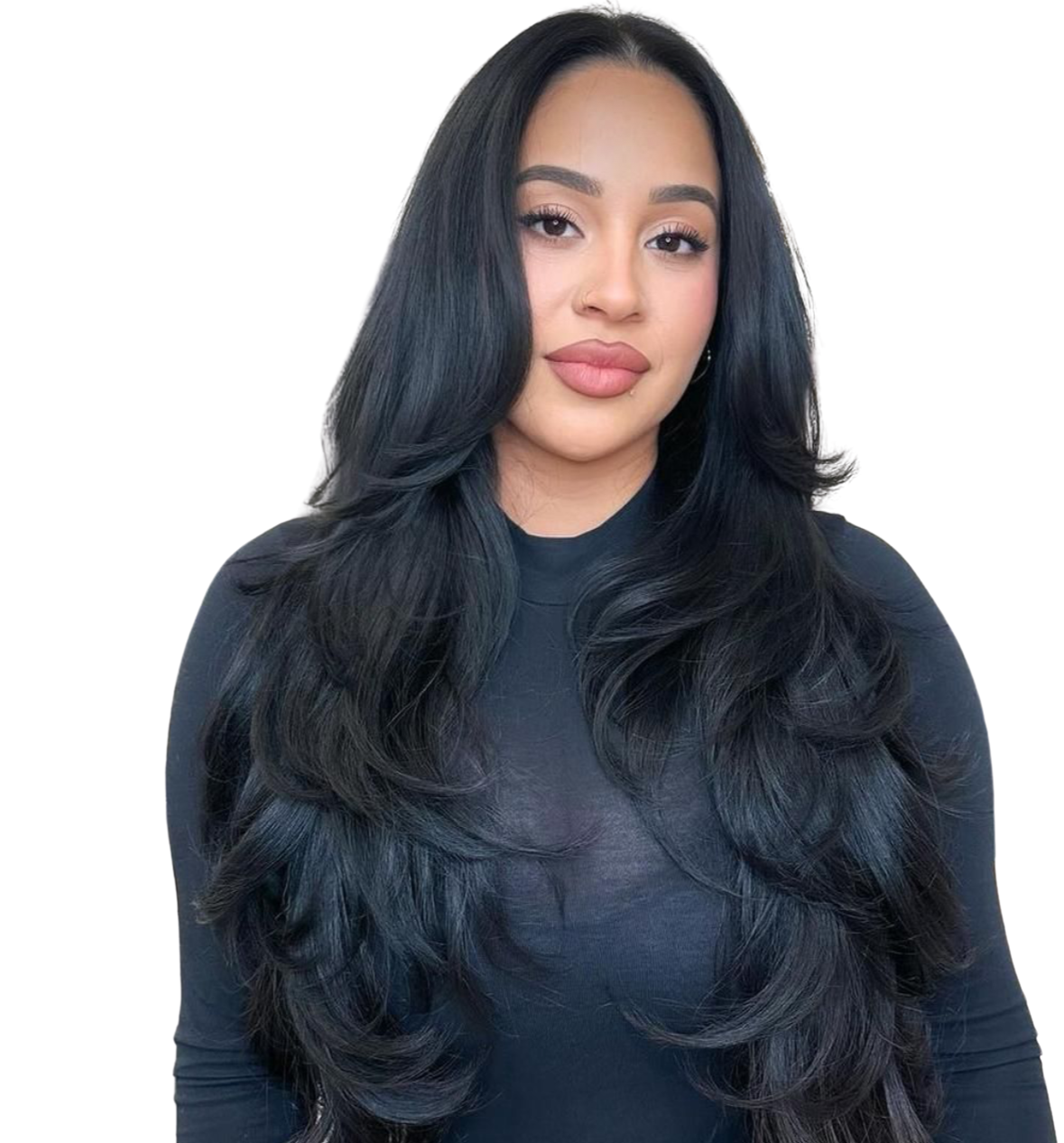 Before and after transformation of a natural looking weave install with sleek slik press on textured hair at Belizaire Beauty