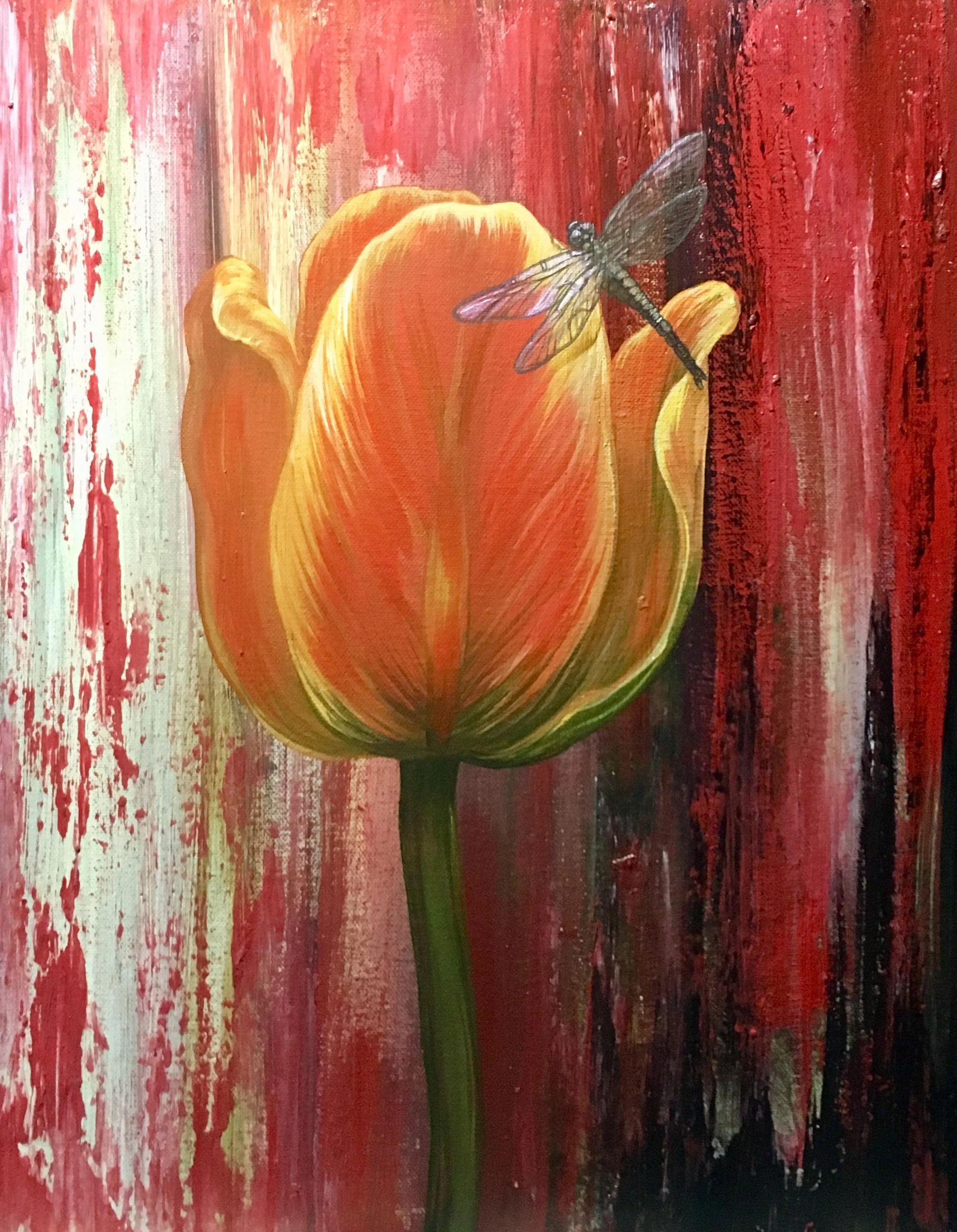 Scarlet Drift - Abstract Floral & Dragonfly Art