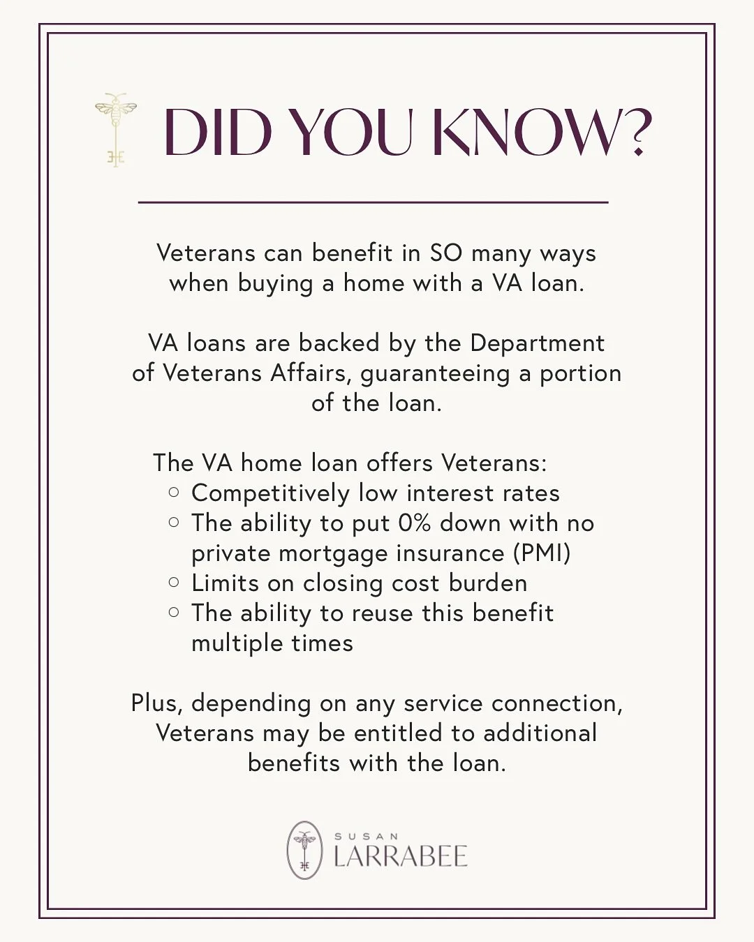 This Veterans Day I wanted to share this valuable info on the benefits Veterans receive when using a VA loan to buy a home. So many Veterans may not know exactly what a VA loan entitles them to and they should! Because things like being able to put 0