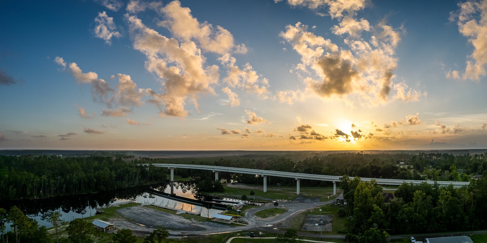 Aerial image at sunset over the White City Florida bridge that crosses the intracoastal waterway
