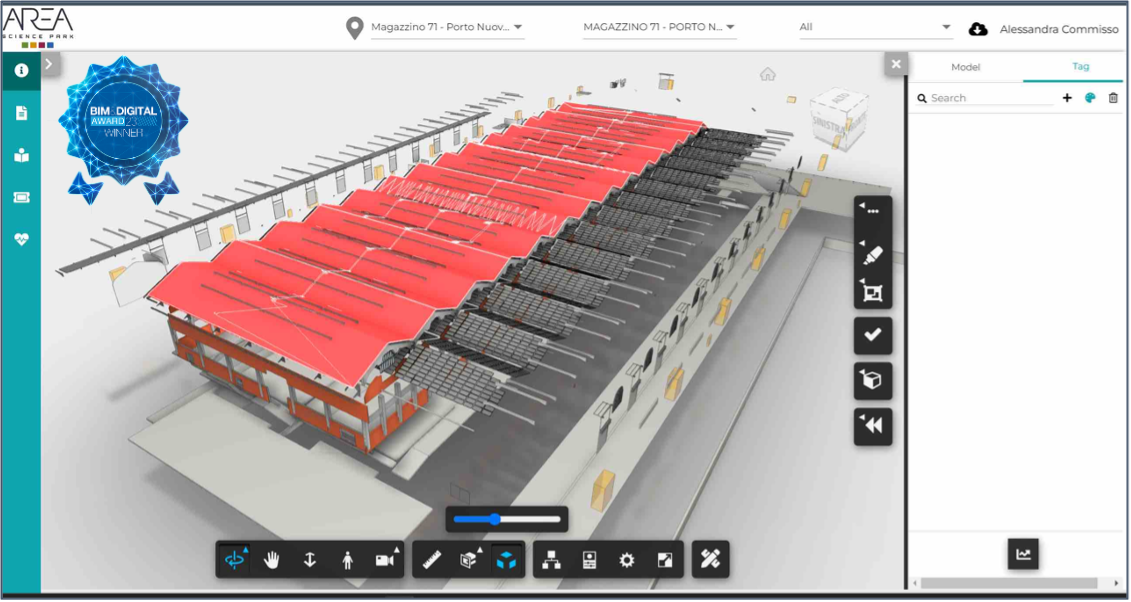 L'immagine mostra il Digital Twin del magazzino del Porto di Trieste, progetto vincitore del BIM&DIGITALAward2023