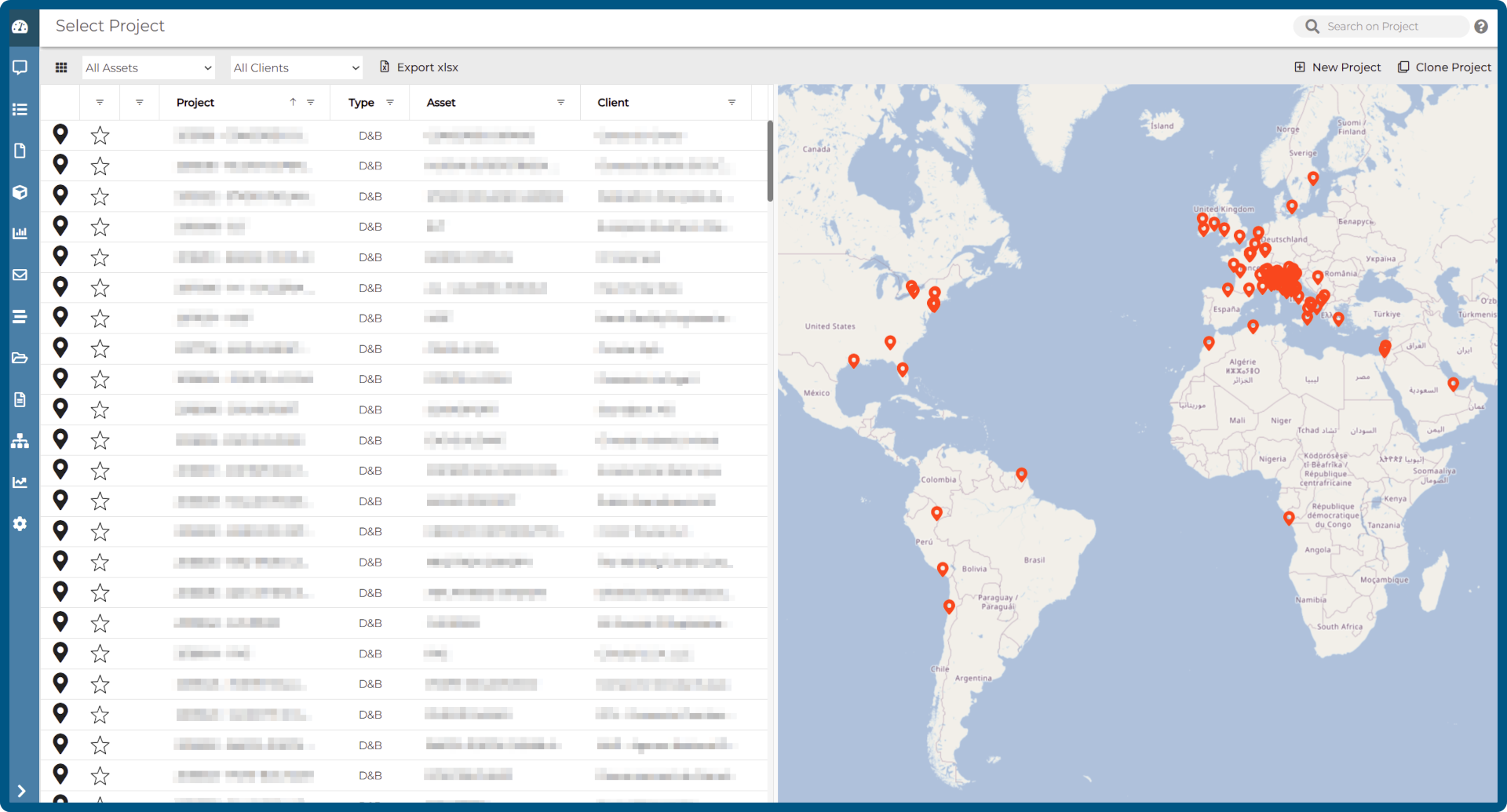 Truspace CDE (ACDat) Schermata della piattaforma  con visualizzazione commesse e georeferenziazione Asset