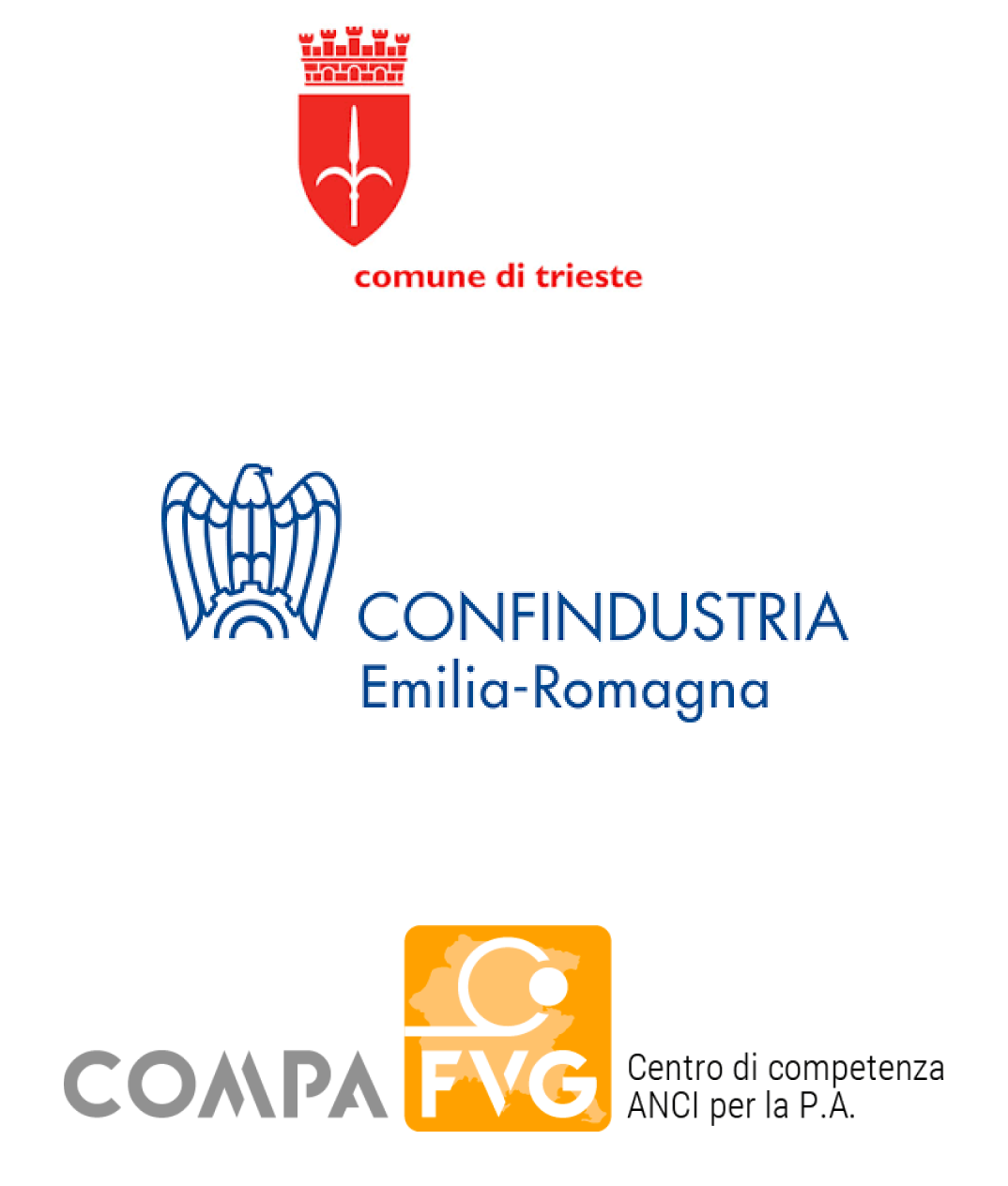 Loghi di enti pubblici e di associazioni italiane, tra cui il Comune di Trieste, Confindustria Emilia-Romagna e Centro di competenza ANCI per la P.A.