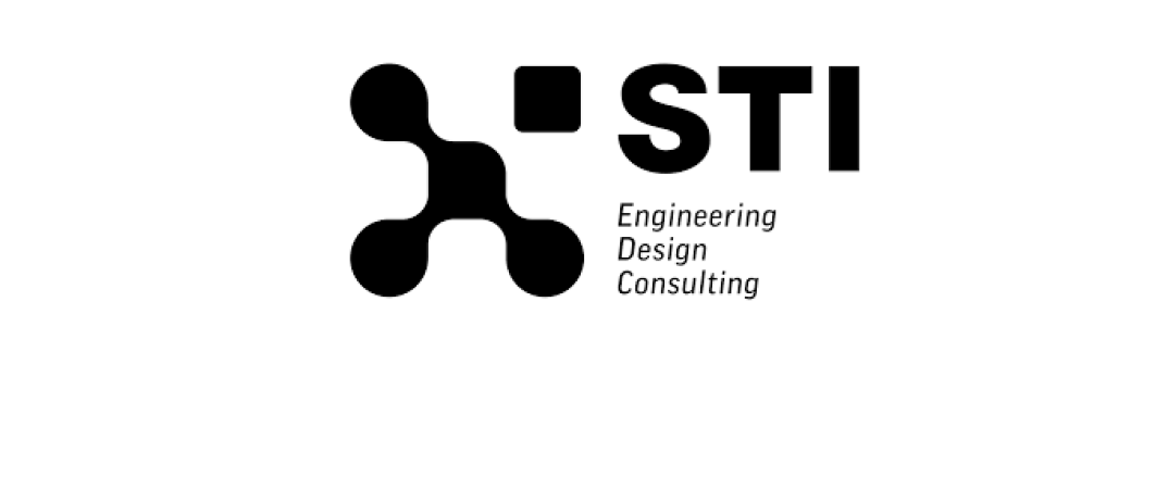 Logo con simbolo di collegamenti stilizzati e testo 'STI' con le parole 'Engineering Design Consulting'