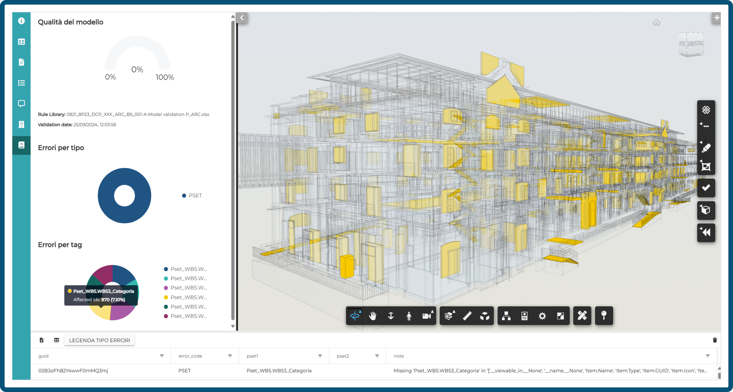 Renderizzazione di un modello edilizio con elementi evidenziati in giallo, interfaccia di analisi con grafici e strumenti di modifica visibili.