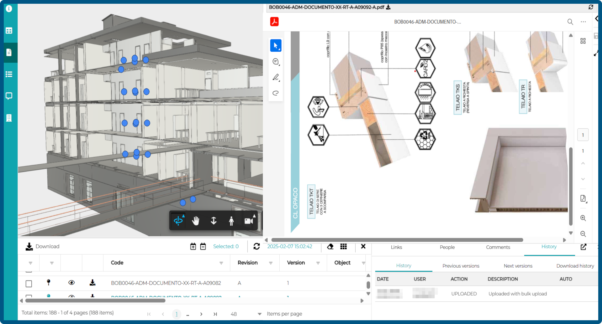 Truspace (CDE (ACDat) Schermata che mostra  un modello   di un edificio con punti blu che indicano vari elementi, e una sezione di un documento tecnico con diagrammi e dettagli costruttivi, inclusi pannelli e materiali.