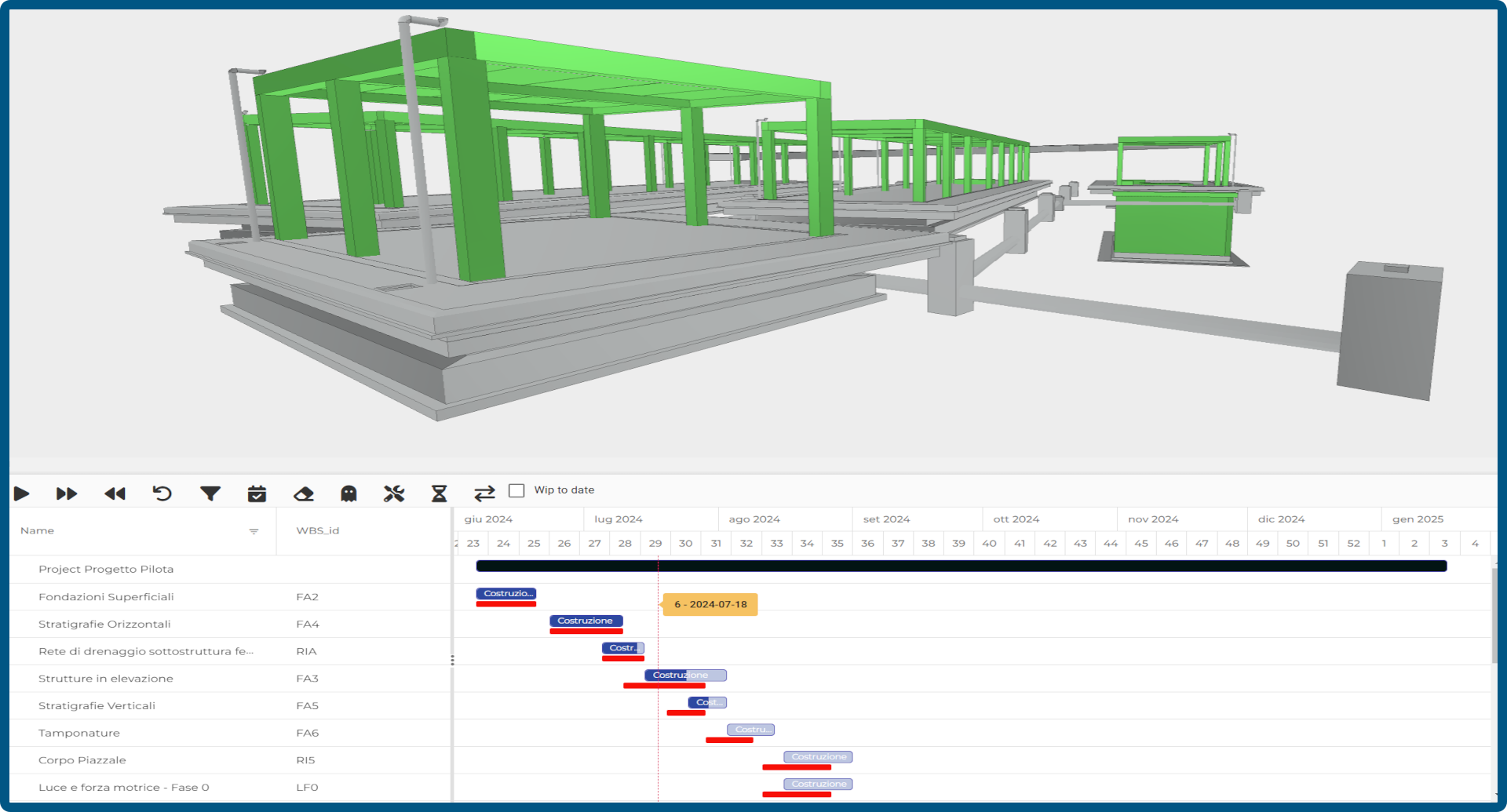 Truspace CDE (ACDat) Schermata della piattaforma con planning progetto e gestione 4DImmagine di un modello 3D di una struttura edilizia con parti in verde e grigio, e un pannello di controllo con un diagramma di Gantt sottostante.