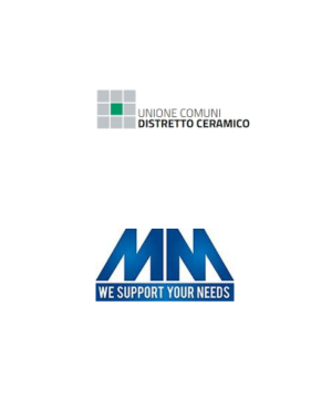 Loghi di 'Unione Comuni Distretto Ceramico' e 'MM' con slogan 'We Support Your Needs'