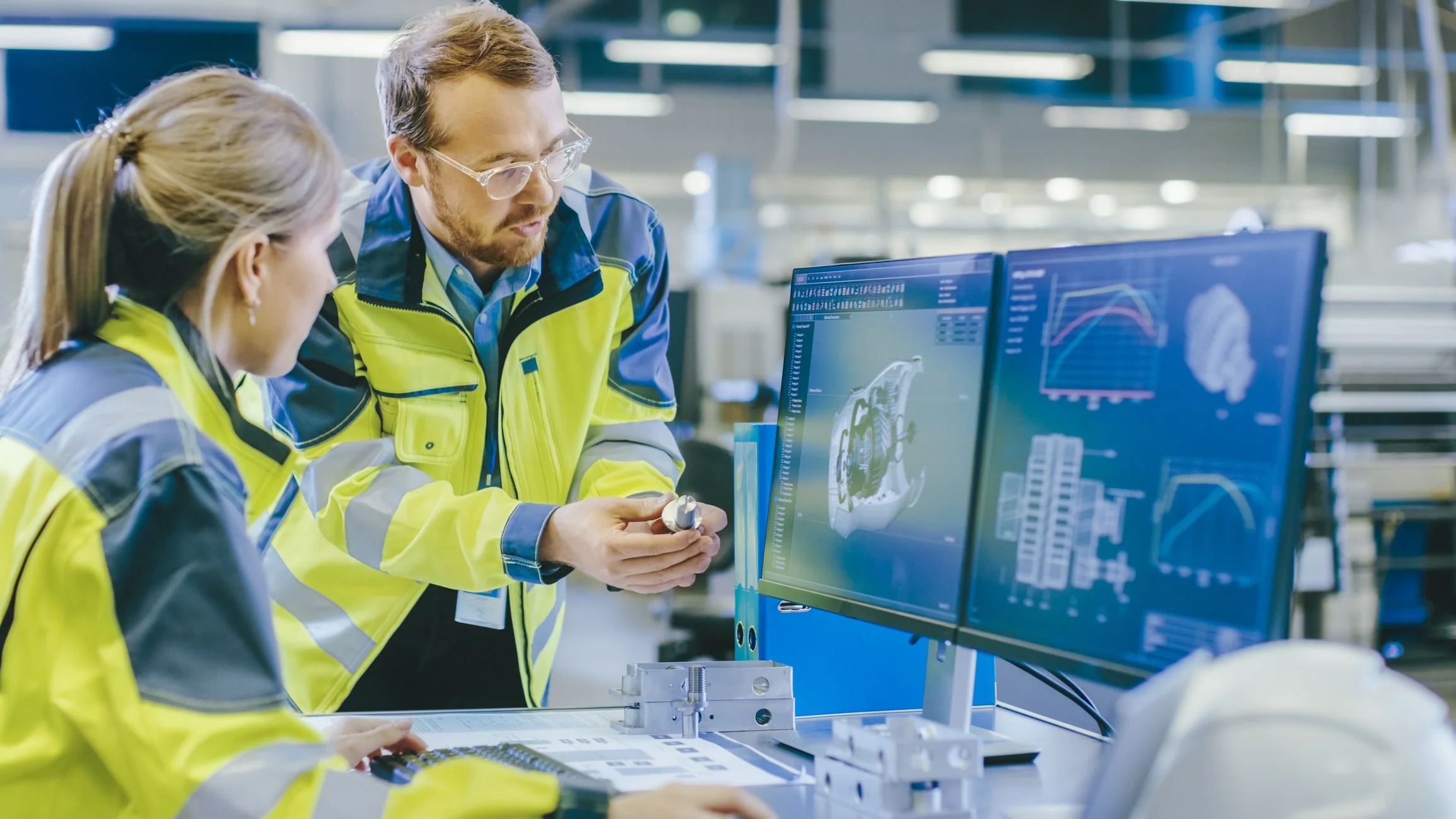 Due ingegneri in ufficio di tecnologia indossano giacche ad alta visibilità e lavorano con monitor che mostrano modelli 3D e dati scientifici.