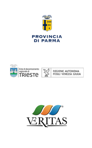 Marcatura e loghi di enti e aziende, tra cui Provincia di Parma, Trieste, Regione Autonoma Friuli Venezia Giulia e Veritas.