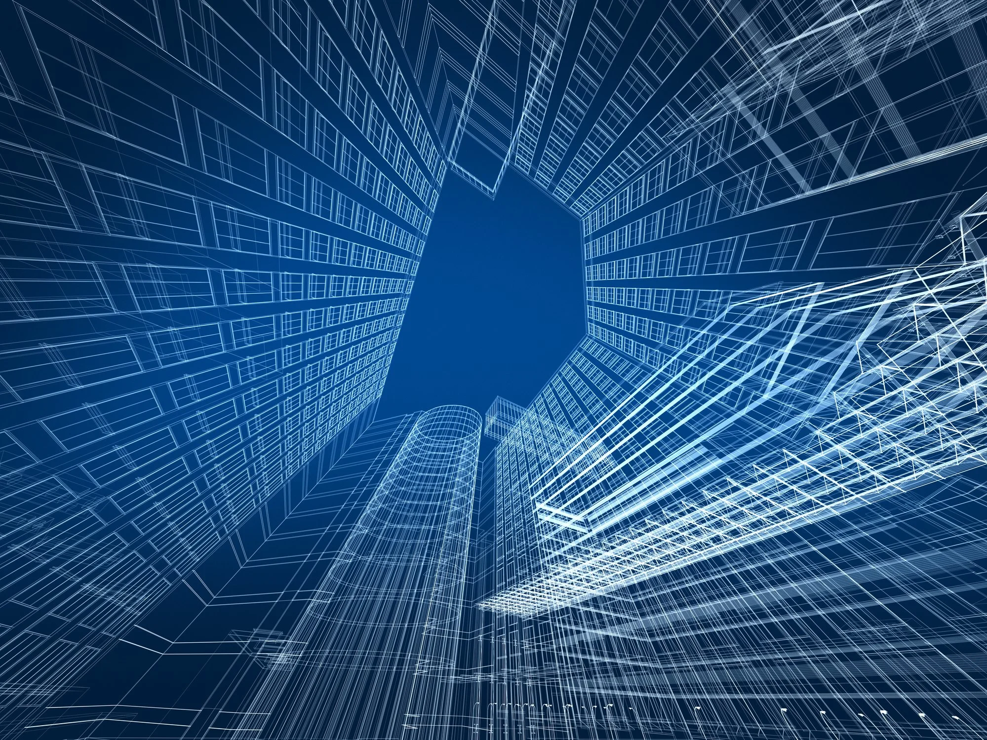 Rappresentazione digitale in stile wireframe di un complesso di grattacieli futuristici con dettagli di strutture architettoniche in colori blu e bianco