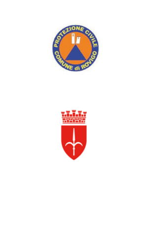 Due loghi: uno è della Protezione Civile del Comune di Rovo, l'altro è uno stemma con una spada su sfondo rosso.