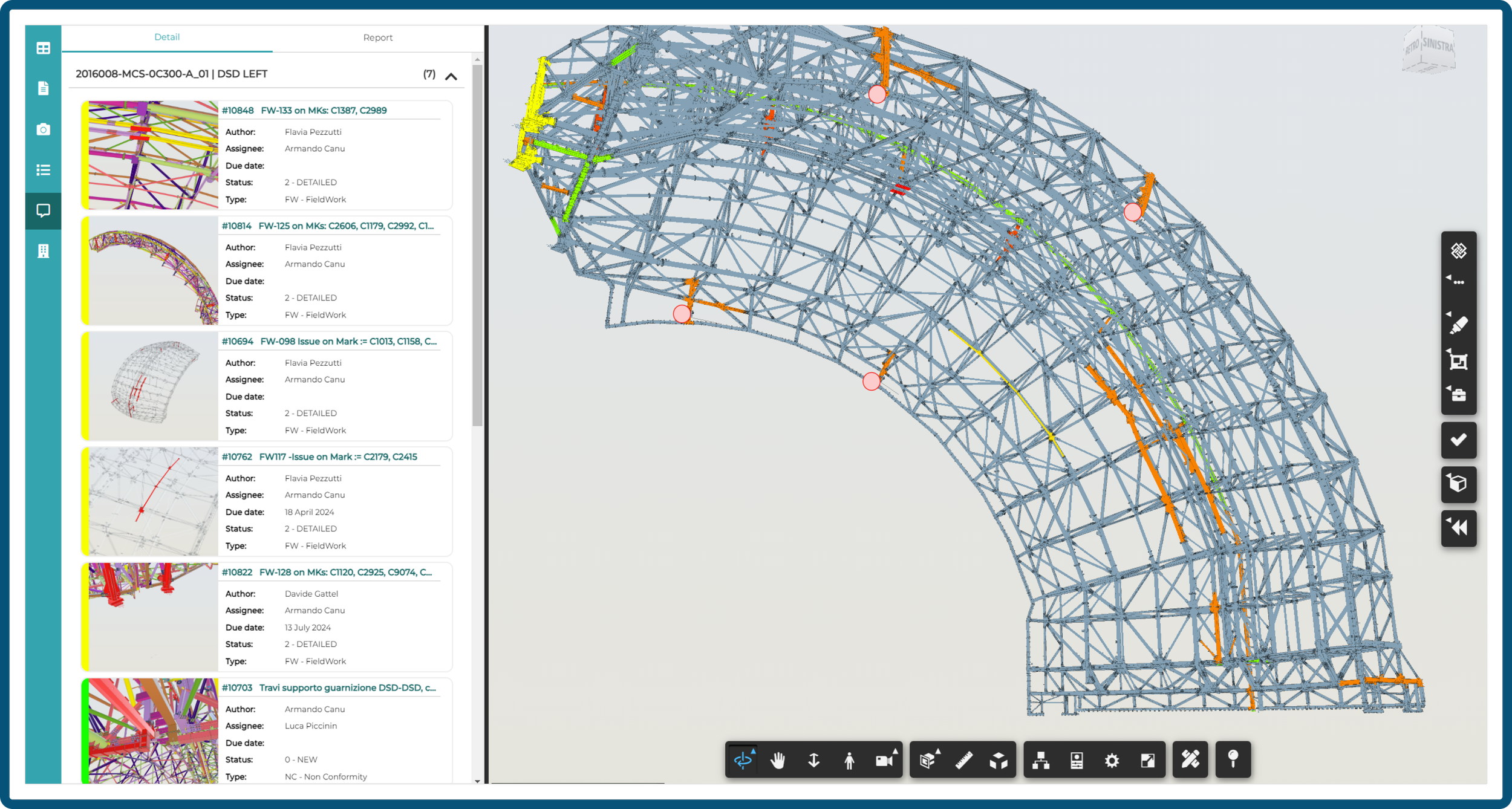 Schermata di un software di modellazione strutturale tridimensionale con un diagramma di una grande struttura in acciaio e una lista di documenti di lavoro sulla sinistra.