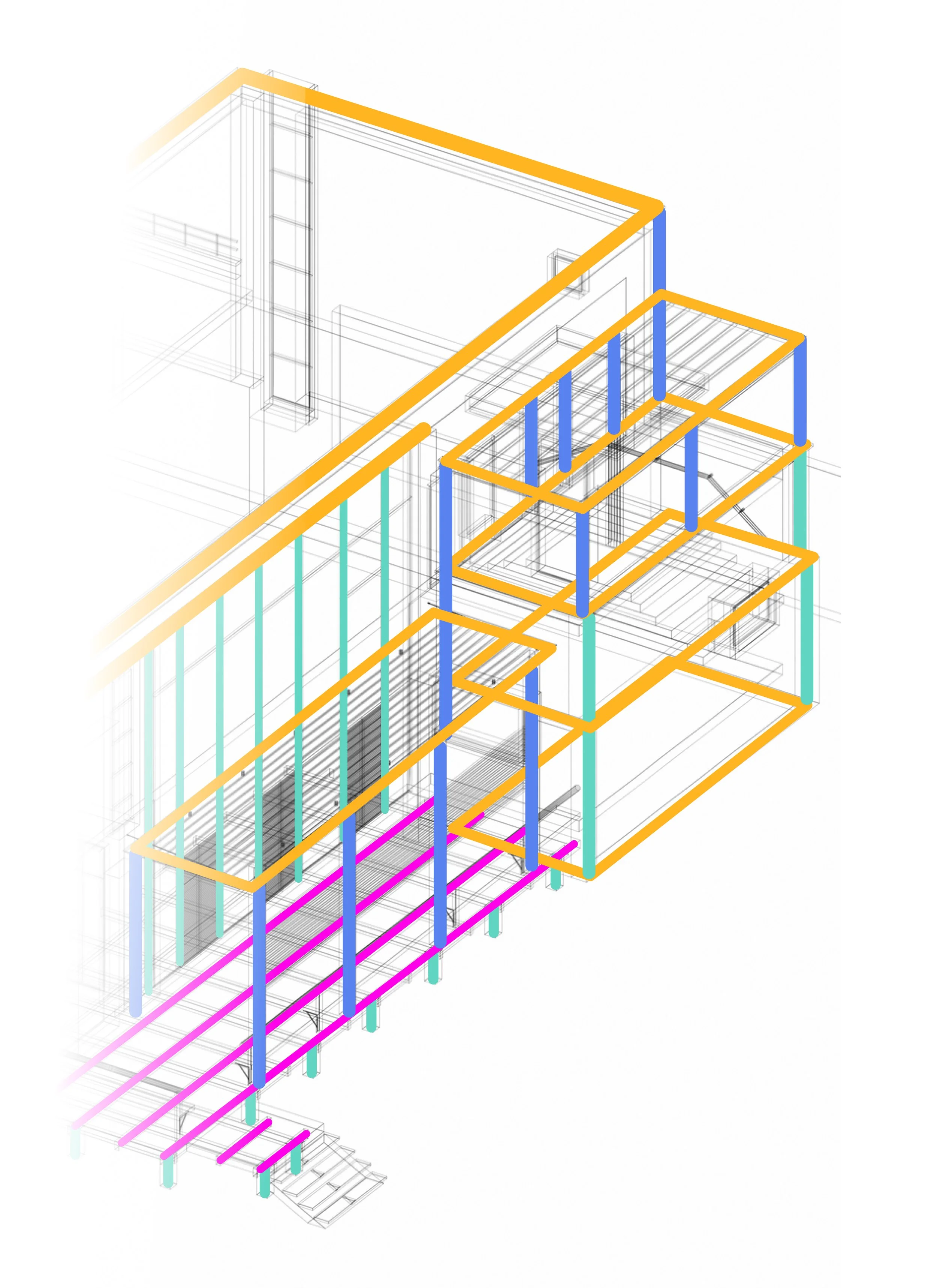 Truspace- Schema strutturale di un edificio con colori distintivi per diverse parti strutturali.
