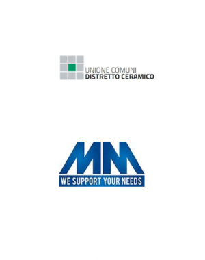 Logo di Unione Comuni Distretto Ceramico e il logo di MM con lo slogan "We Support Your Needs"