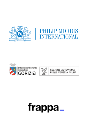 Logo di Philip Morris International con testi e simboli di enti regionali italiani e il marchio Frappa.
