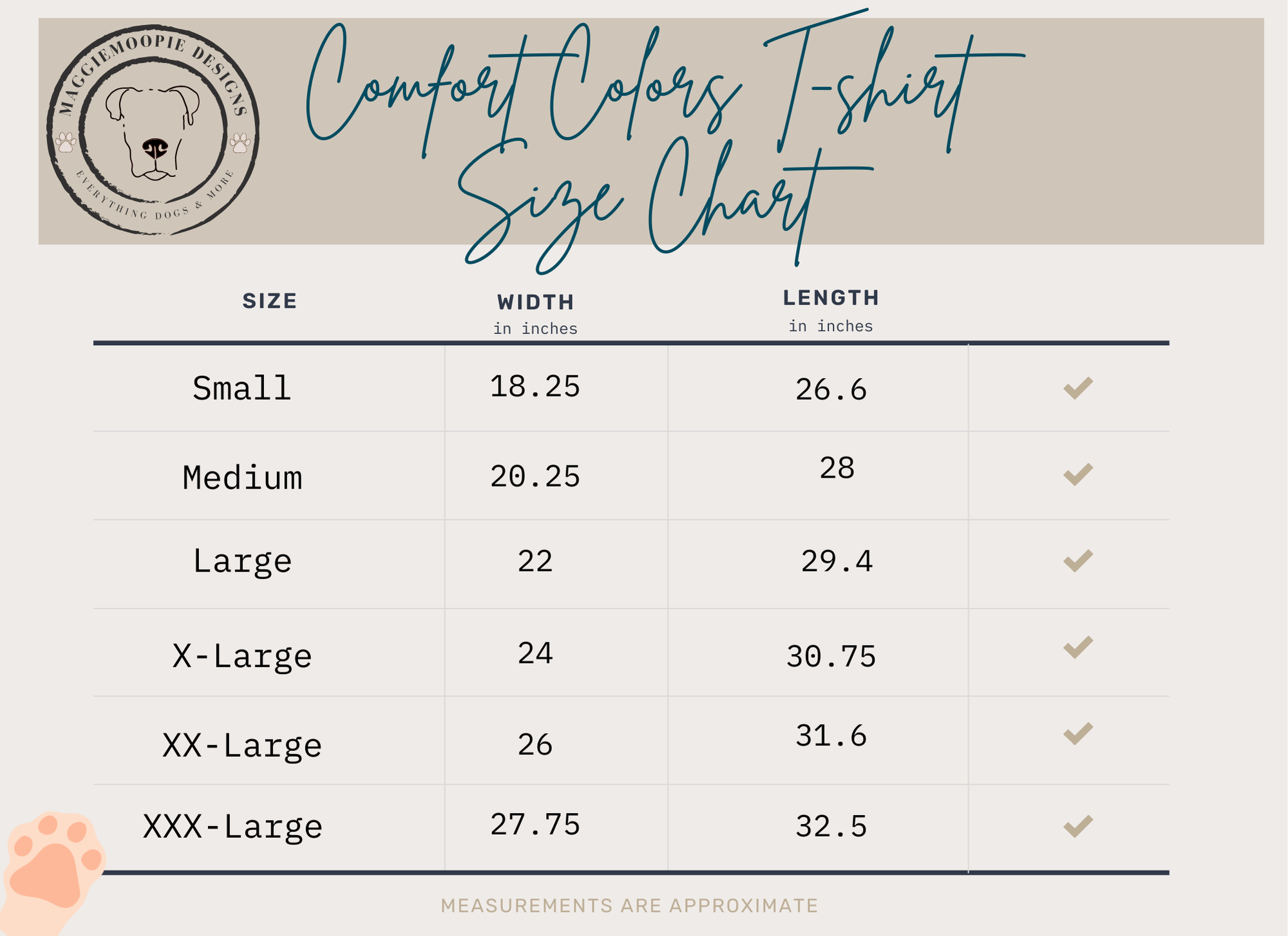 Chart showing size, width, and length measurements in inches for a comfort colors t-shirt, ranging from small to XXX-large. The image also features a logo with a dog illustration and paw prints in the top left corner, and a small paw print in the bottom left corner.