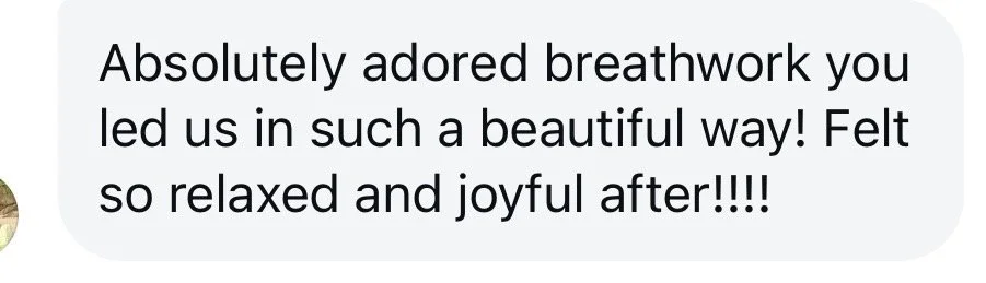 A client text message praising Erica's breathwork session as a beautiful experience and feeling relaxed and joyful afterwards.