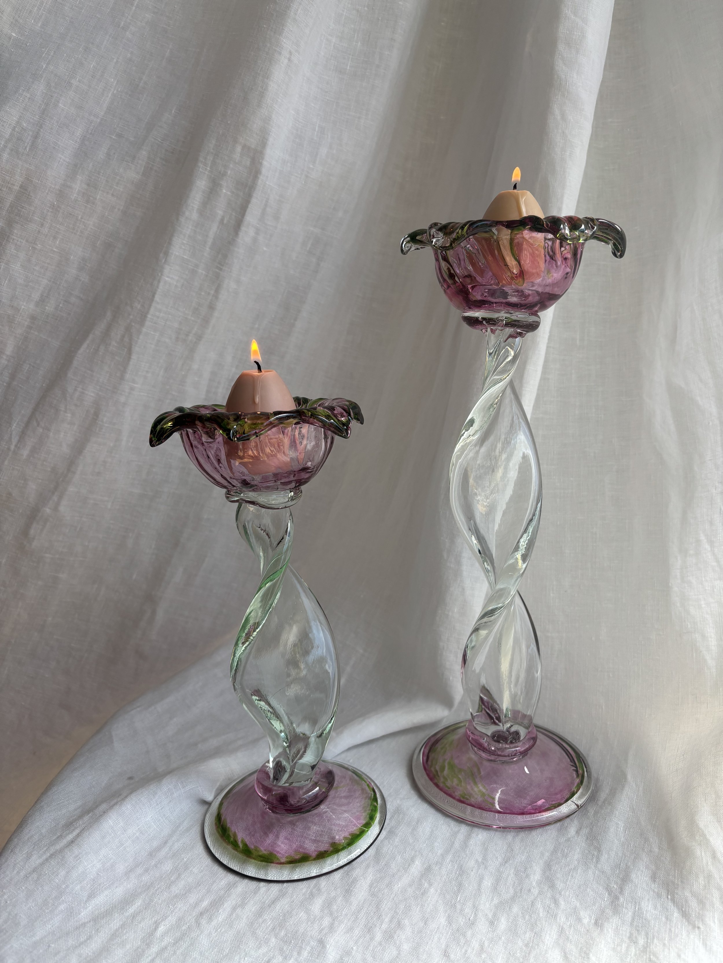 Glass Flower Candle Holder Pair
