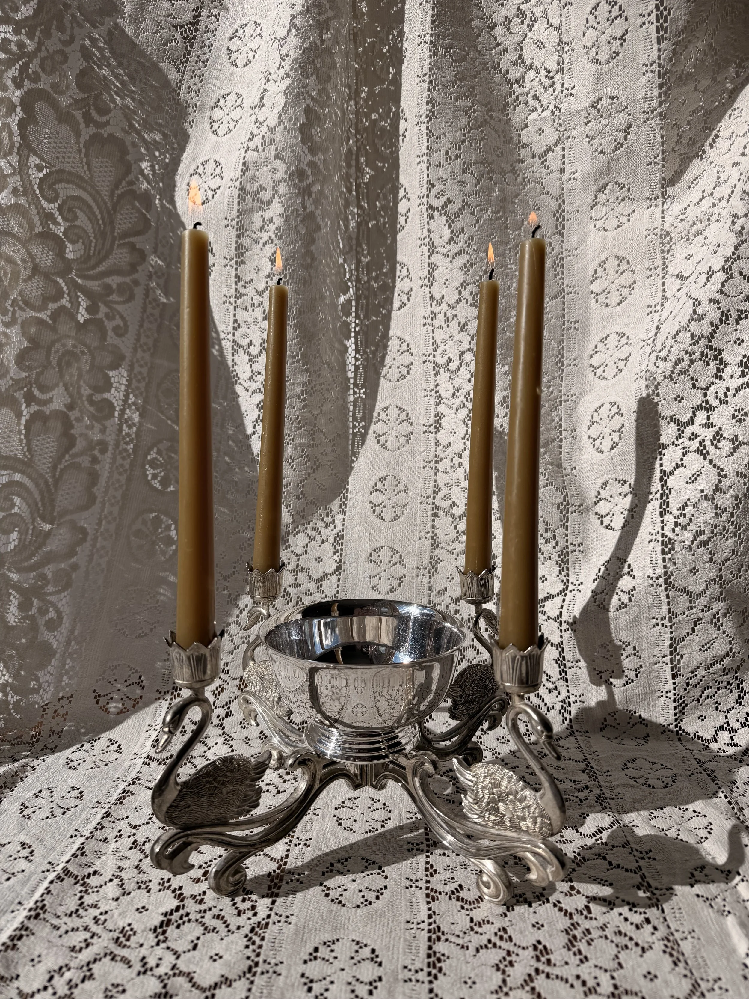 Swan Candelabra Centerpiece w/ Silver Bowl