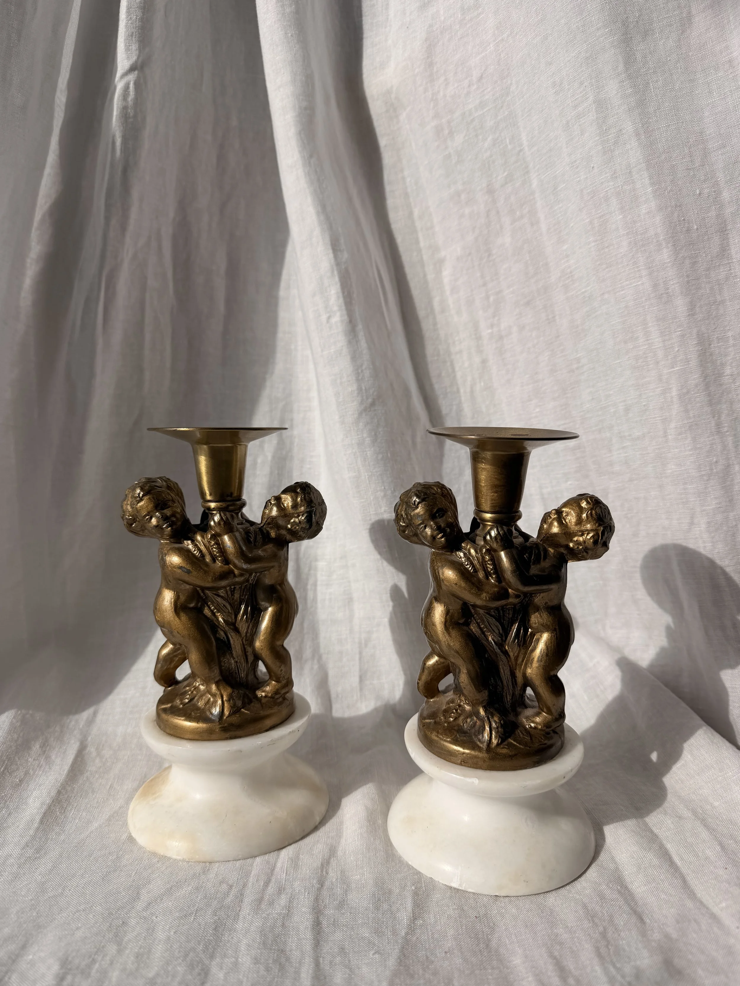 Alabaster & Brass Cherub Candlestick Pair