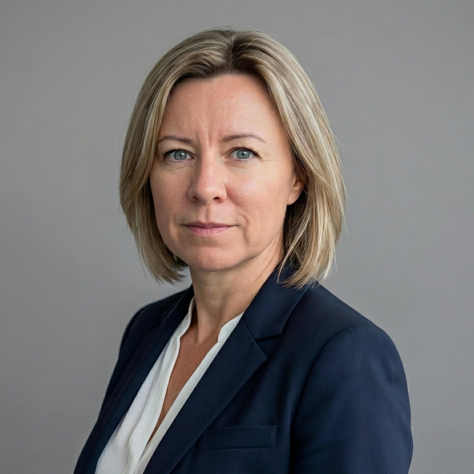A woman with blonde hair wearing a dark blazer and white blouse against a plain gray background.