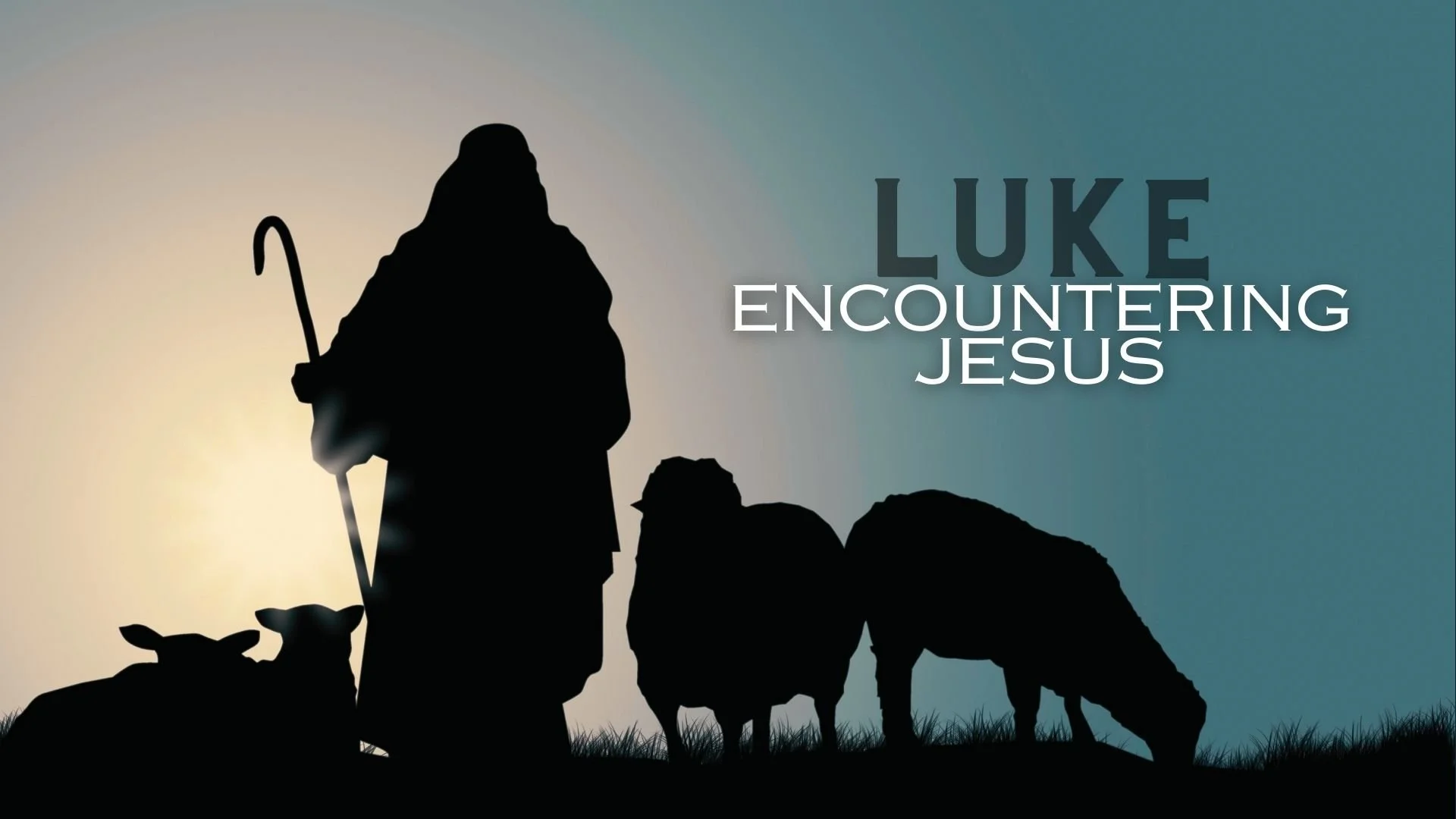 Silhouette of a shepherd with a staff, surrounded by sheep, with the text "Luke Encountering Jesus."