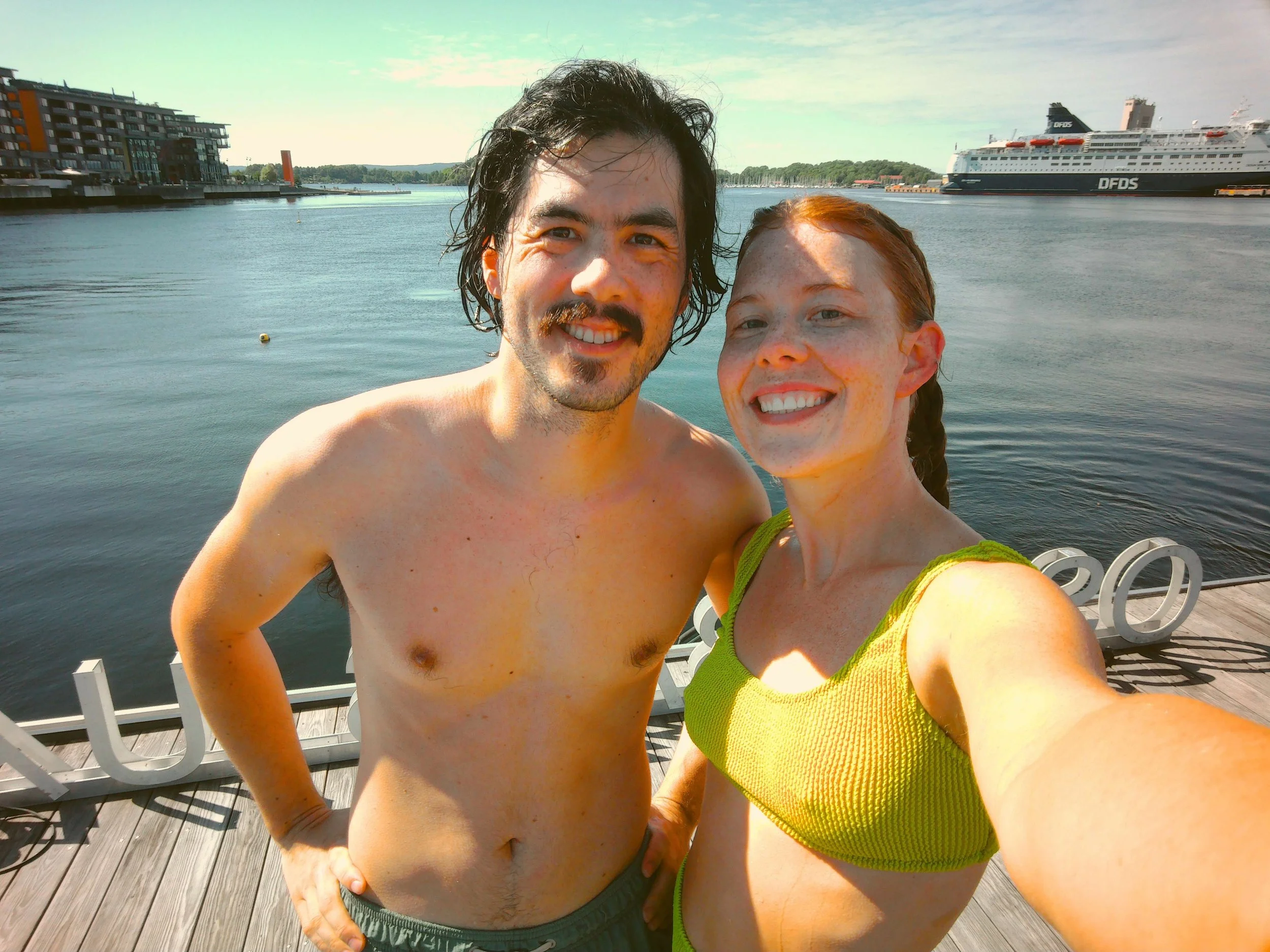 Enjoying the floating saunas in Oslo, Norway - the roofs of the saunas are diving platforms into the fjord!
