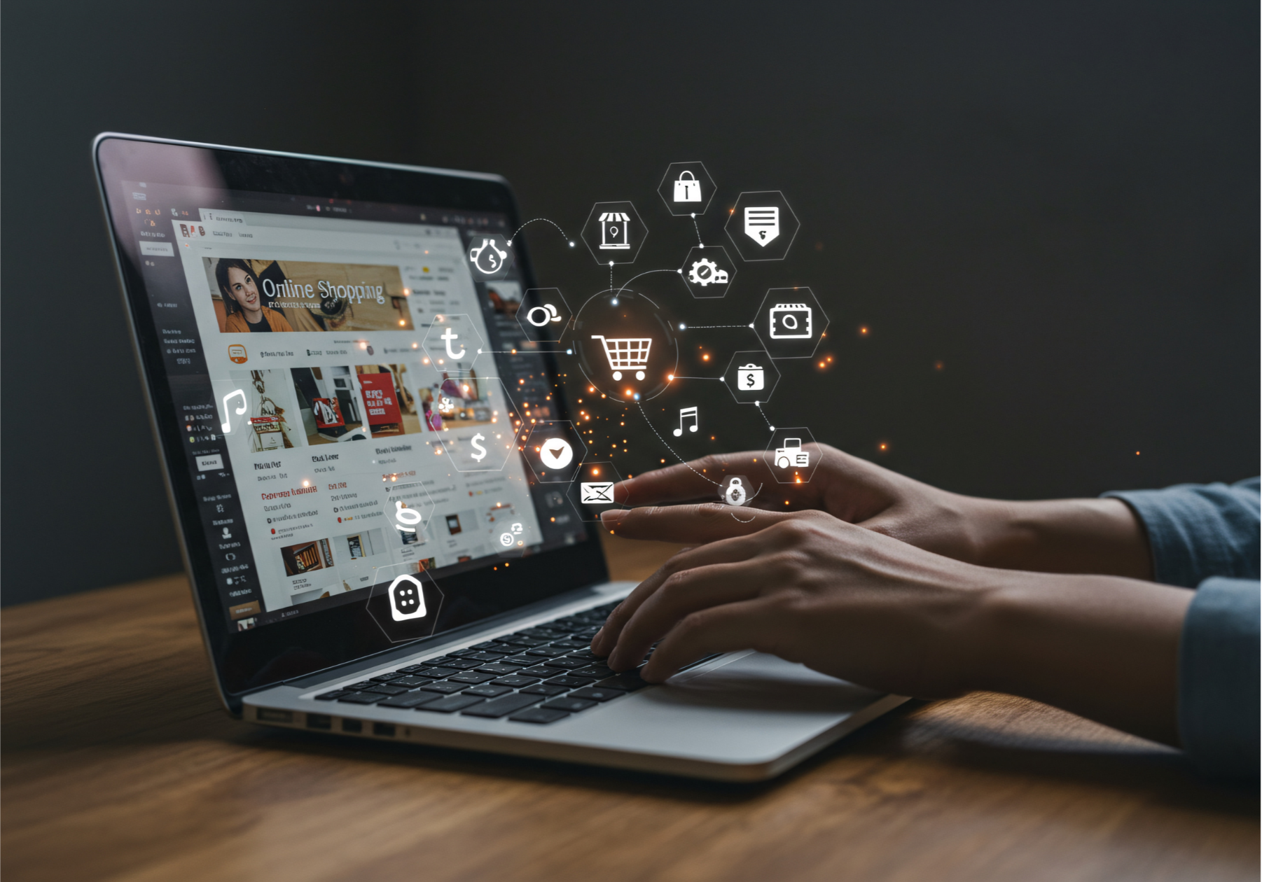 Hands typing on a laptop surrounded by floating social media icons and digital elements