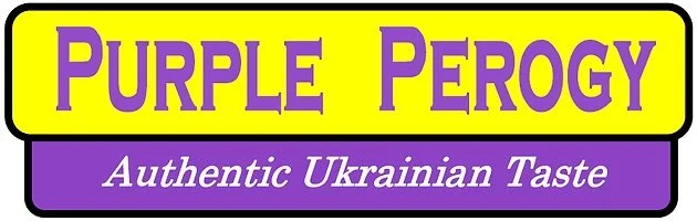 Purple Perogy logo with yellow background and purple text, advertising authentic Ukrainian taste.
