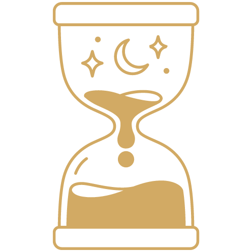 Line drawing of an hourglass with a moon and stars inside