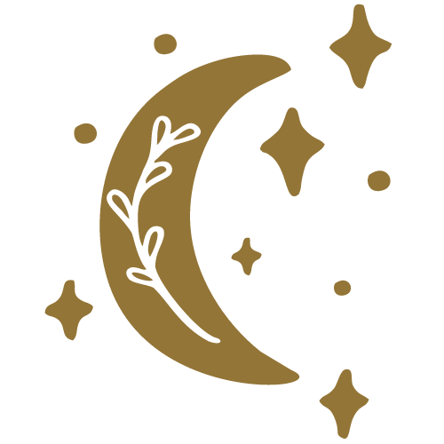 Gold-toned crescent moon with leaf details surrounded by four stars and small dots, on a black background.