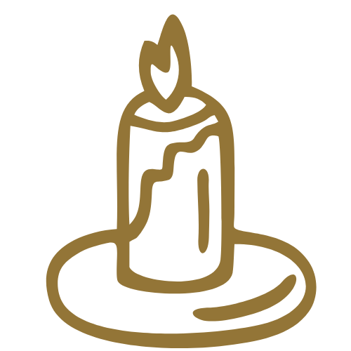 Line drawing of a lit candle on a plate.