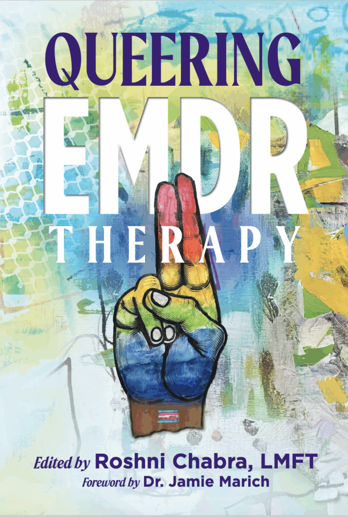 Book cover titled 'Queering EMDR Therapy' with a colorful background and an illustration of a rainbow-colored hand making a peace sign.
