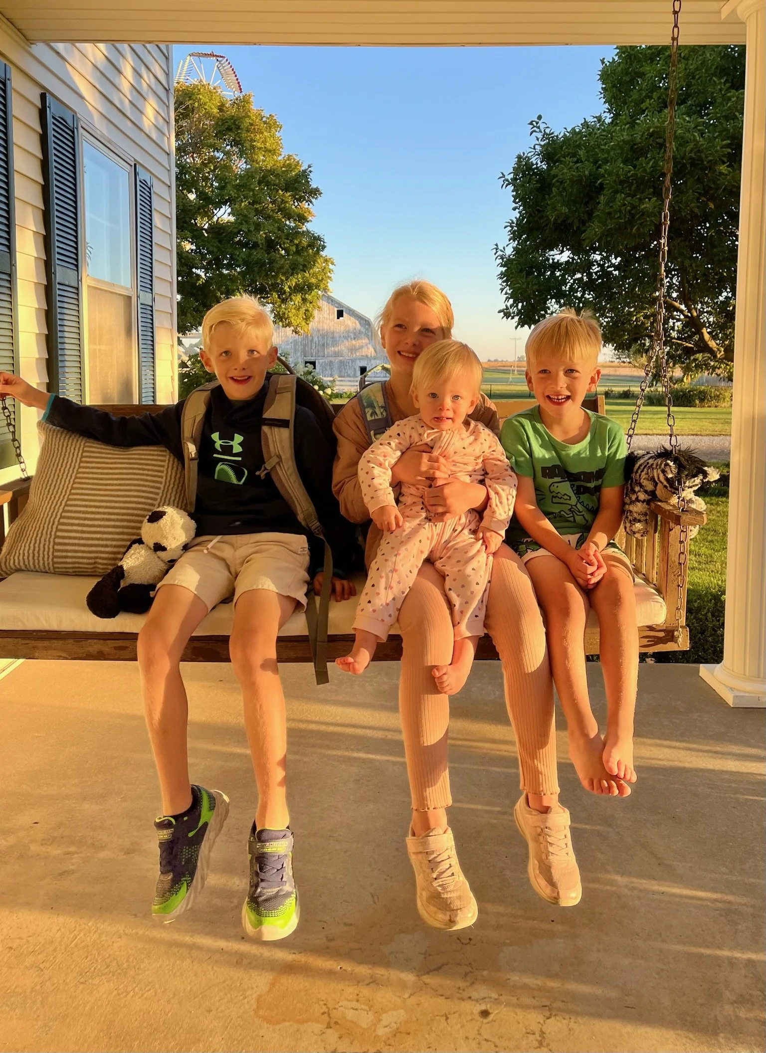 Four children sitting on a porch swing, holding a small toddler. The children have light blonde hair and are smiling. The children are wearing casual clothing and sneakers. The background shows trees, a barn, and a clear blue sky, with a distant amusement park ride visible.