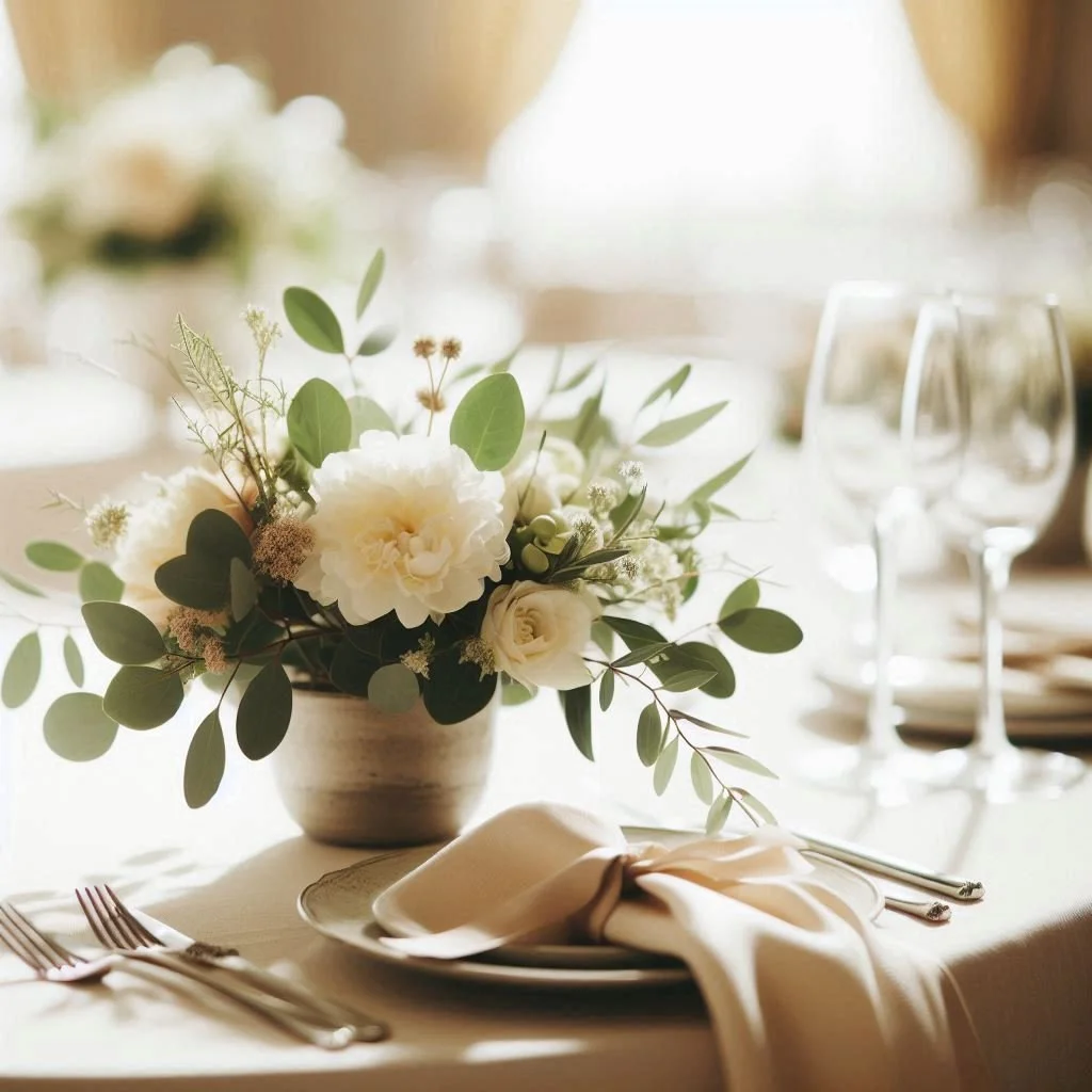 A tight, close-up shot of an elegant tablescape, with cream-colored table linen, tasteful arrangement of a simple centerpiece, small bouquet of flowers with accent greenery. The setting is bright but refined.png