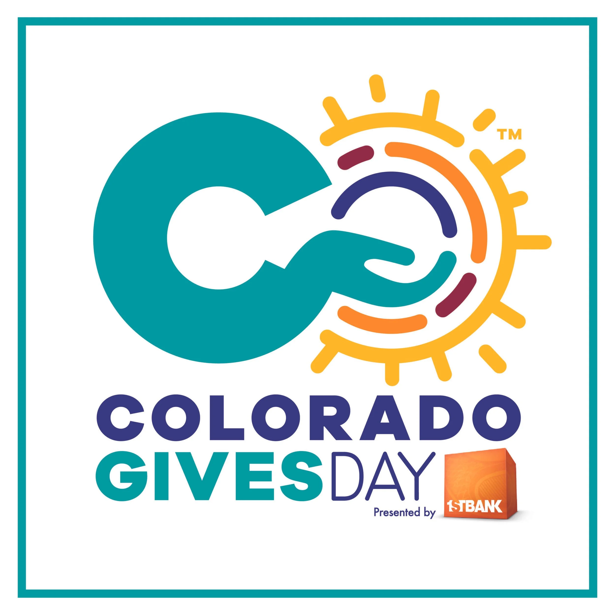 Colorado Gives Day logo featuring a large teal C shaped like a hand reaching around a multicolored sun, with the words “Colorado Gives Day” below and “Presented by 1stBank” in smaller text
