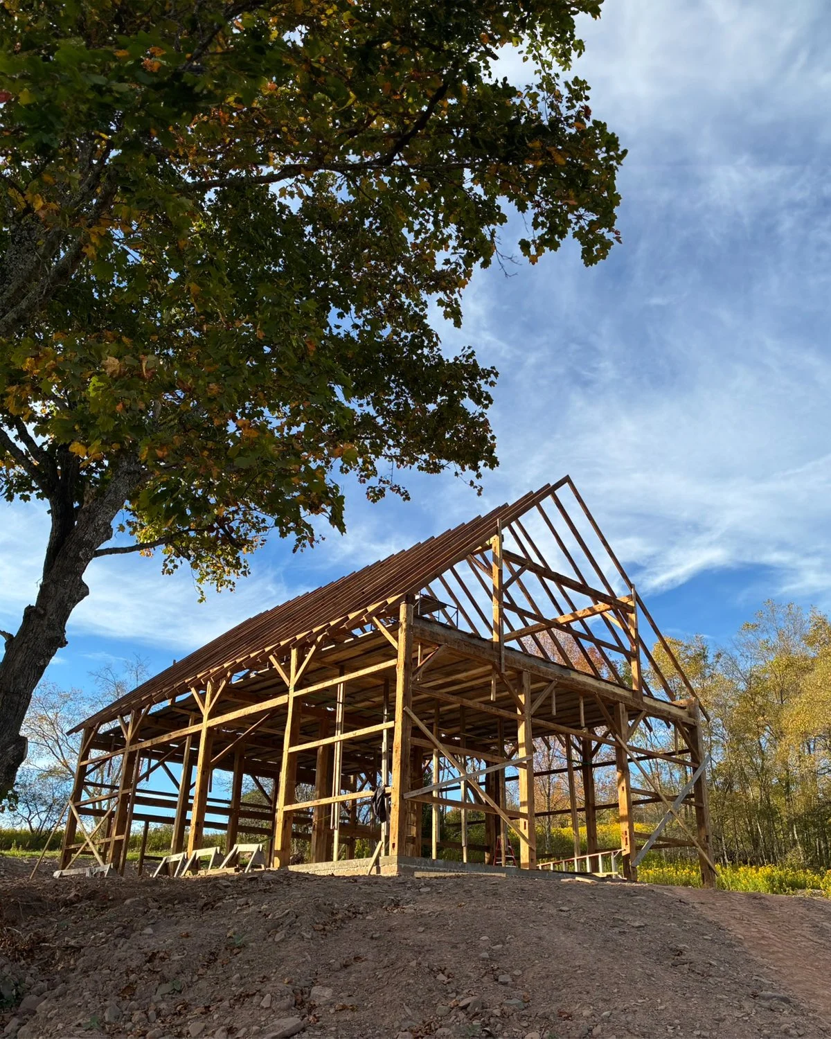 Construction photos from this barn-to-be garage, studio, and party space. It looks like an old barn structure because it is -- a fully restored heavy timber barn kit from Vermont (circa 1880) is the key to its authenticity and romance. Plus the view.