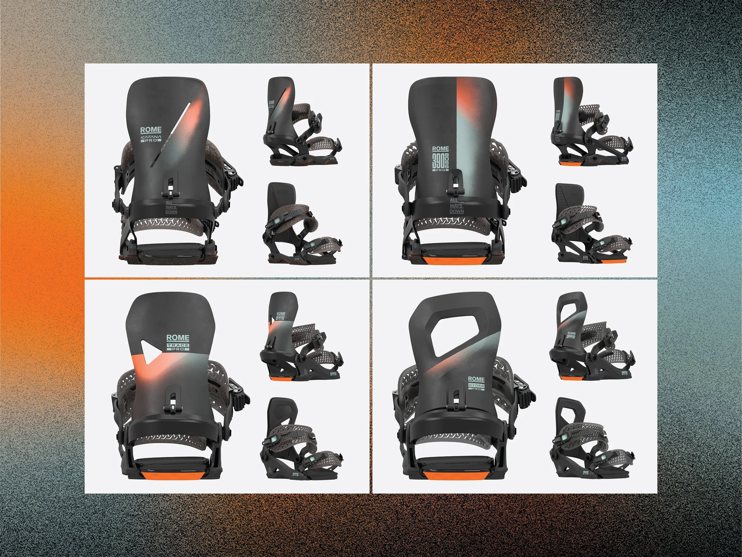 Rome Snowboards PRO series bindings. Katana PRO, 390 Boss PRO, Trace PRO, Hydra PRO