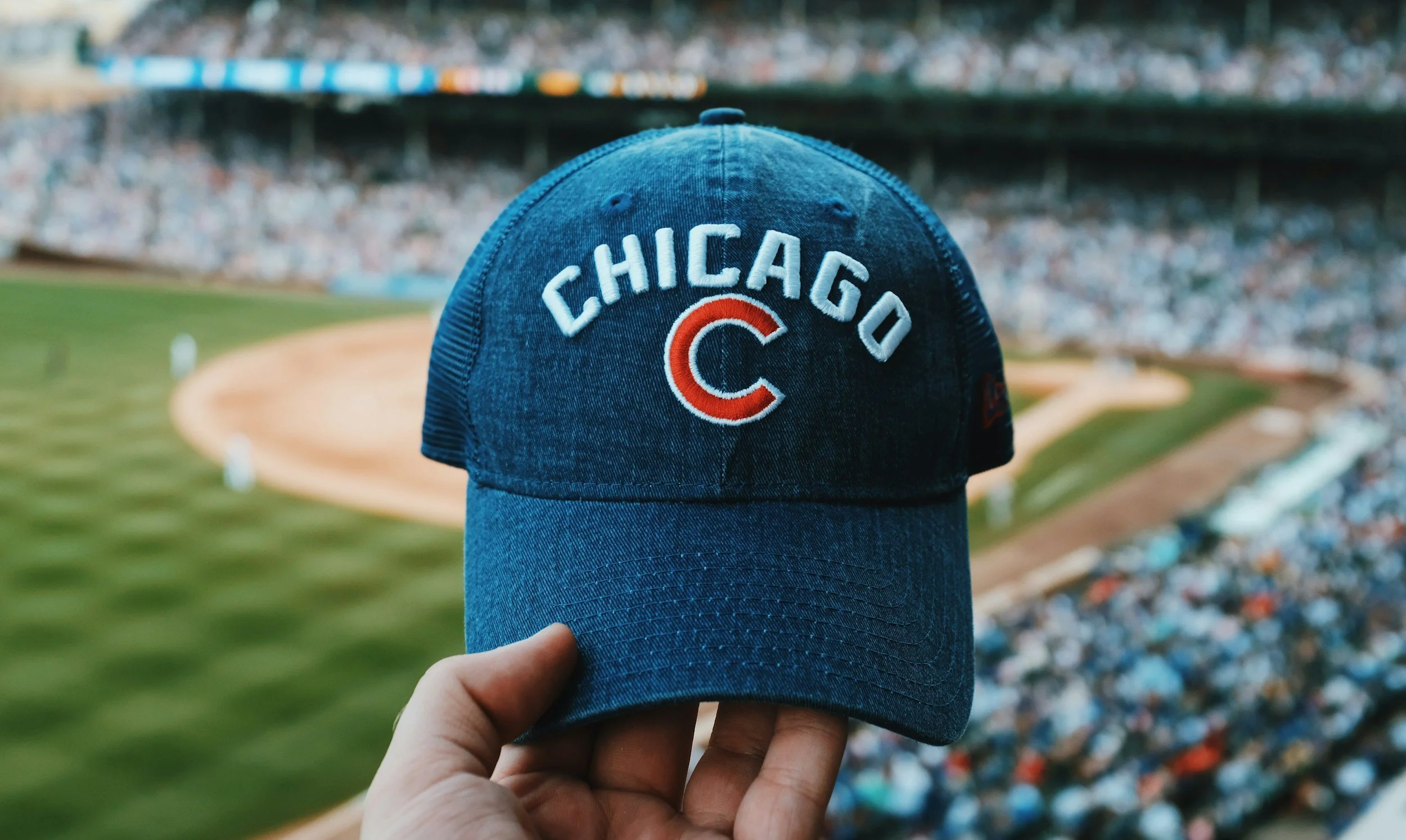 Person holding a blue Chicago Cubs baseball cap in a baseball stadium with crowds in the background.