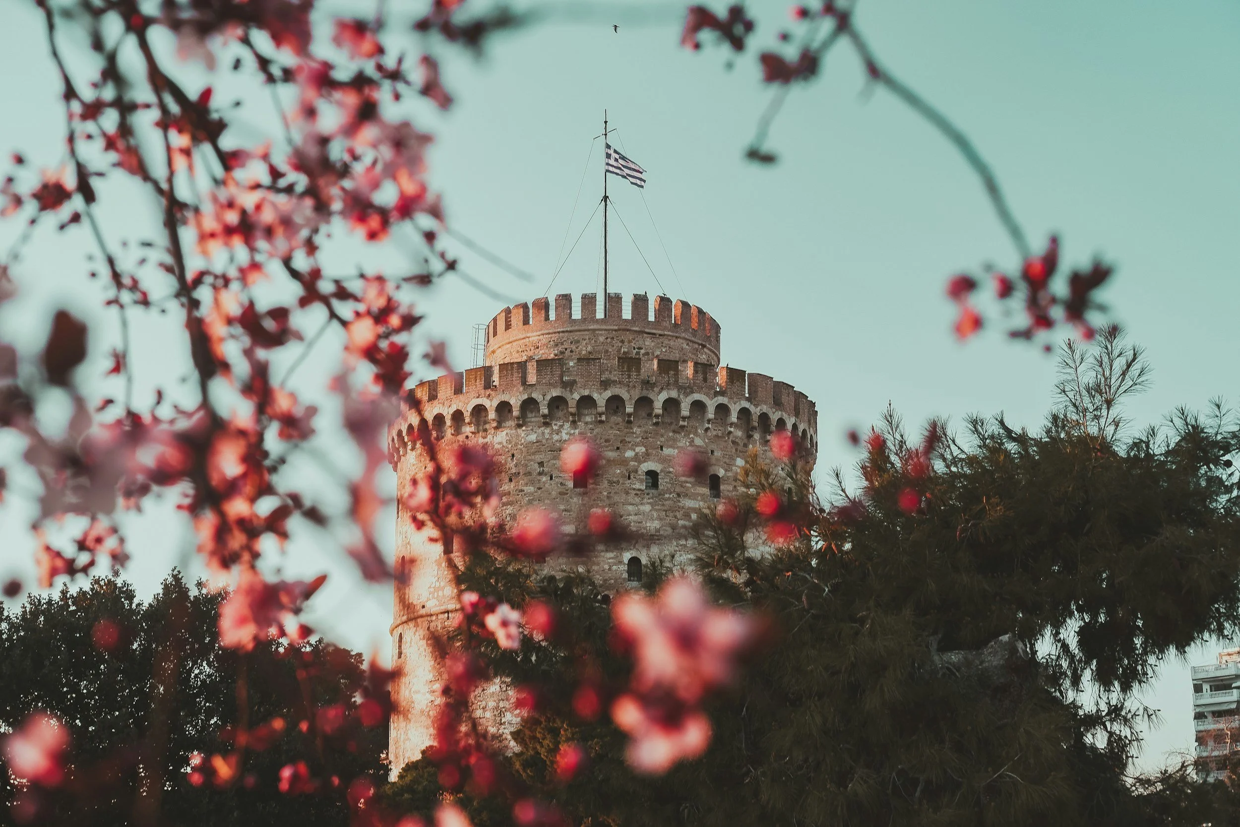 Thessaloniki tower with flowers in forground