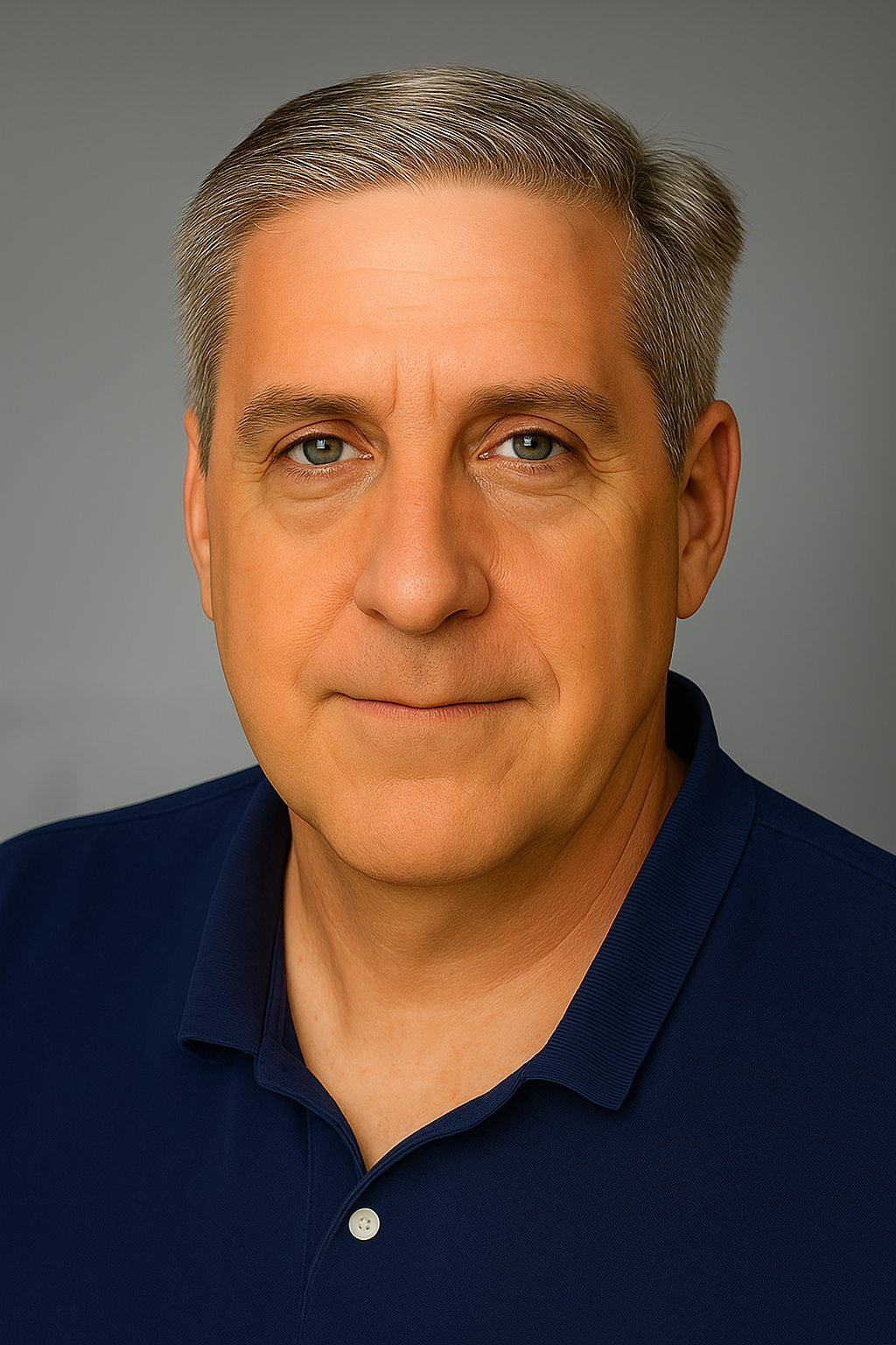 Headshot of middle-aged man with greying hair, blue eyes, wearing a navy blue collared shirt, against a solid grey background.