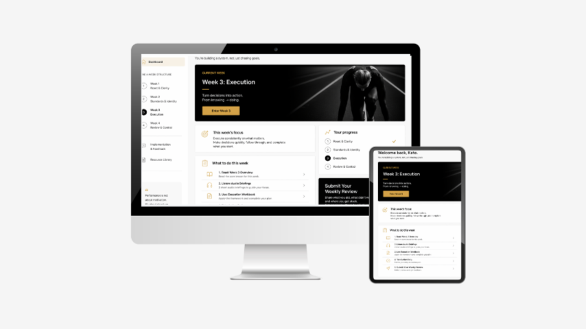 Computer monitor and tablet displaying an online course titled "Week 3: Execution" with a black and white background image of a person in a running position and course navigation menu on the left.