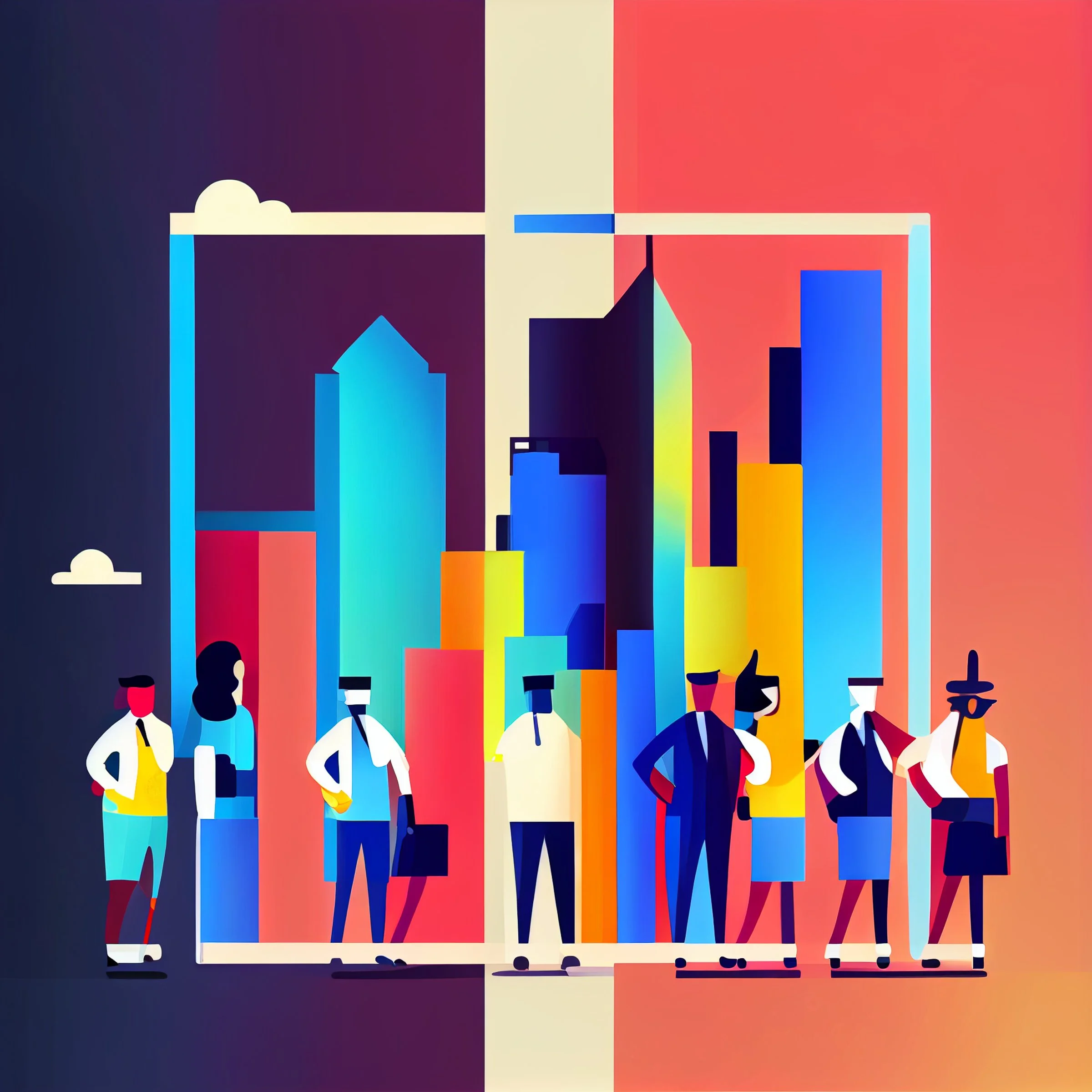 Silhouettes of professional workers standing in front of colorful, abstract cityscape with a rainbow gradient background.