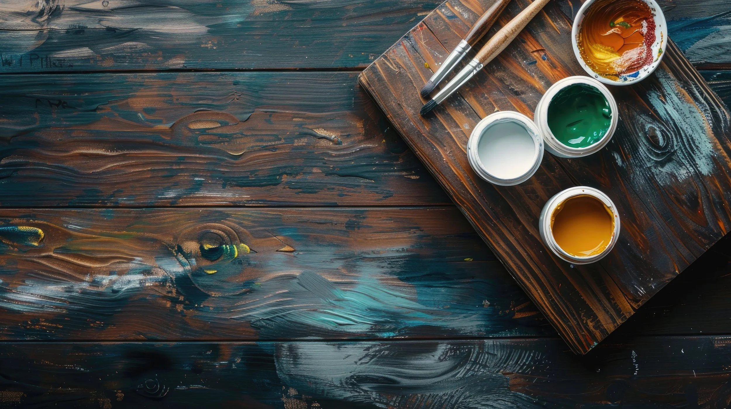 A wooden tabletop with paintbrushes and small containers of paint in colors such as white, green, yellow, and red, with some paint spilled on the table.