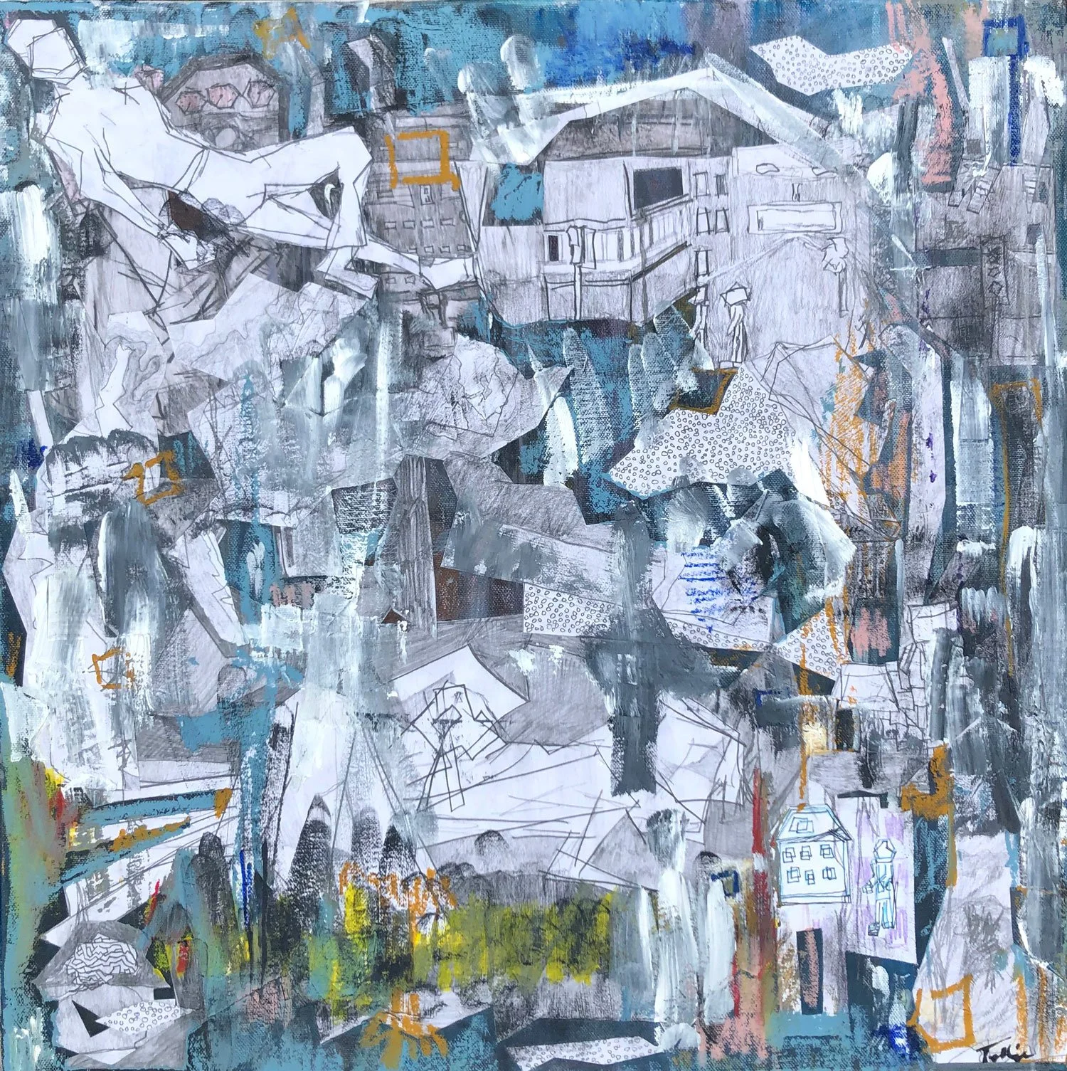 Abstract painting with sketches of buildings, trees, and waterfalls, using shades of gray, blue, yellow, and white with textured brushstrokes and patterns.