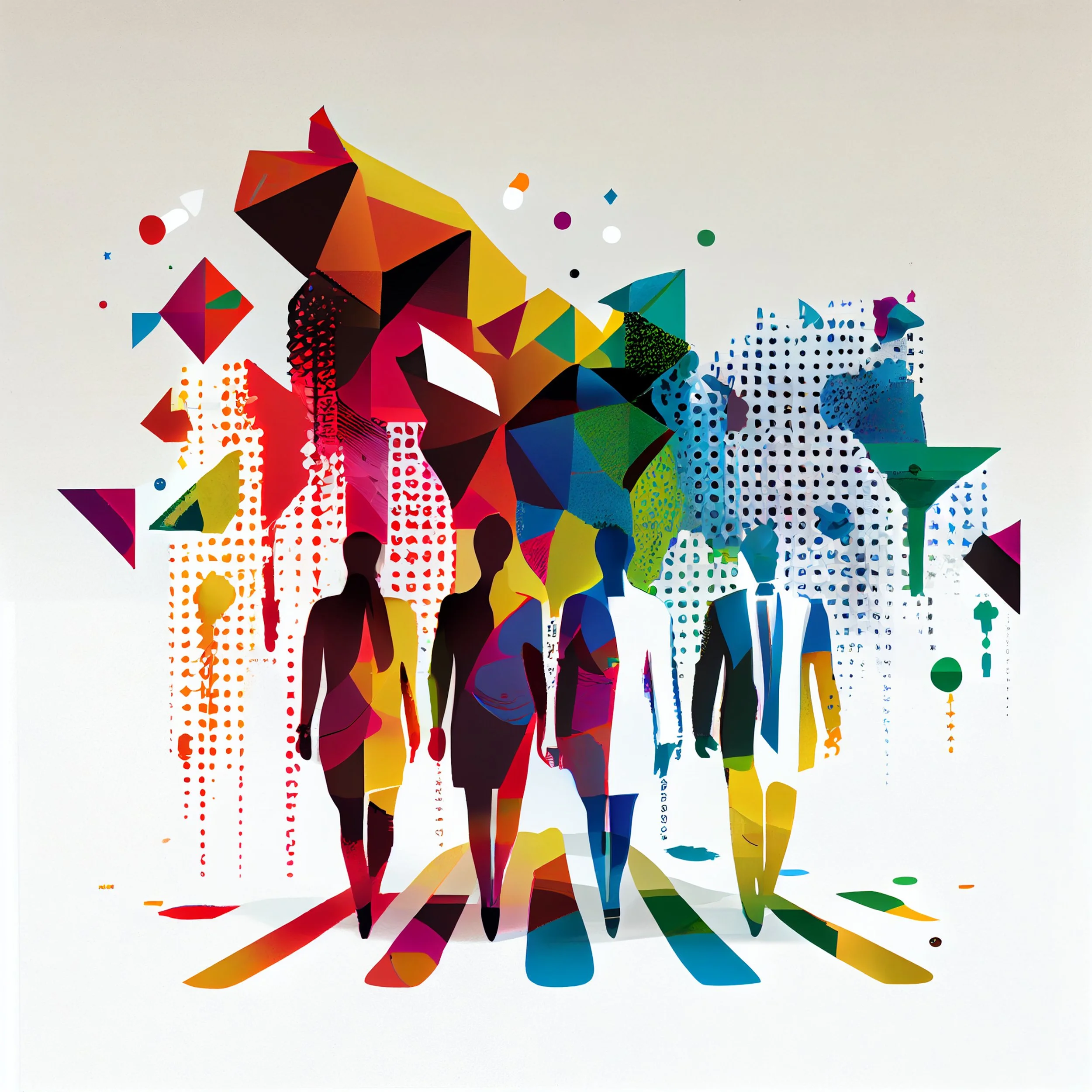 Colorful abstract geometric artwork of animals, including a giraffe, elephant, zebra, and lion, composed of various shapes and patterns on a white background.