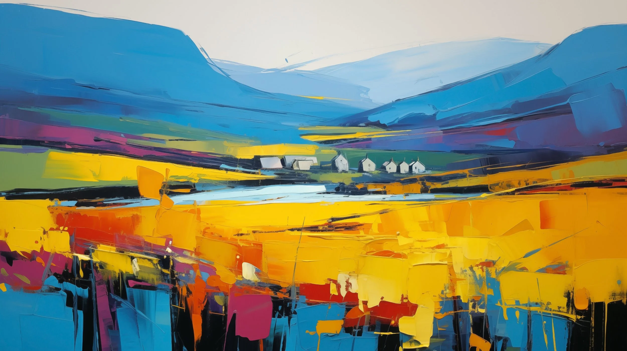Abstract landscape painting with blue mountains, white sky, yellow fields, and small white houses.